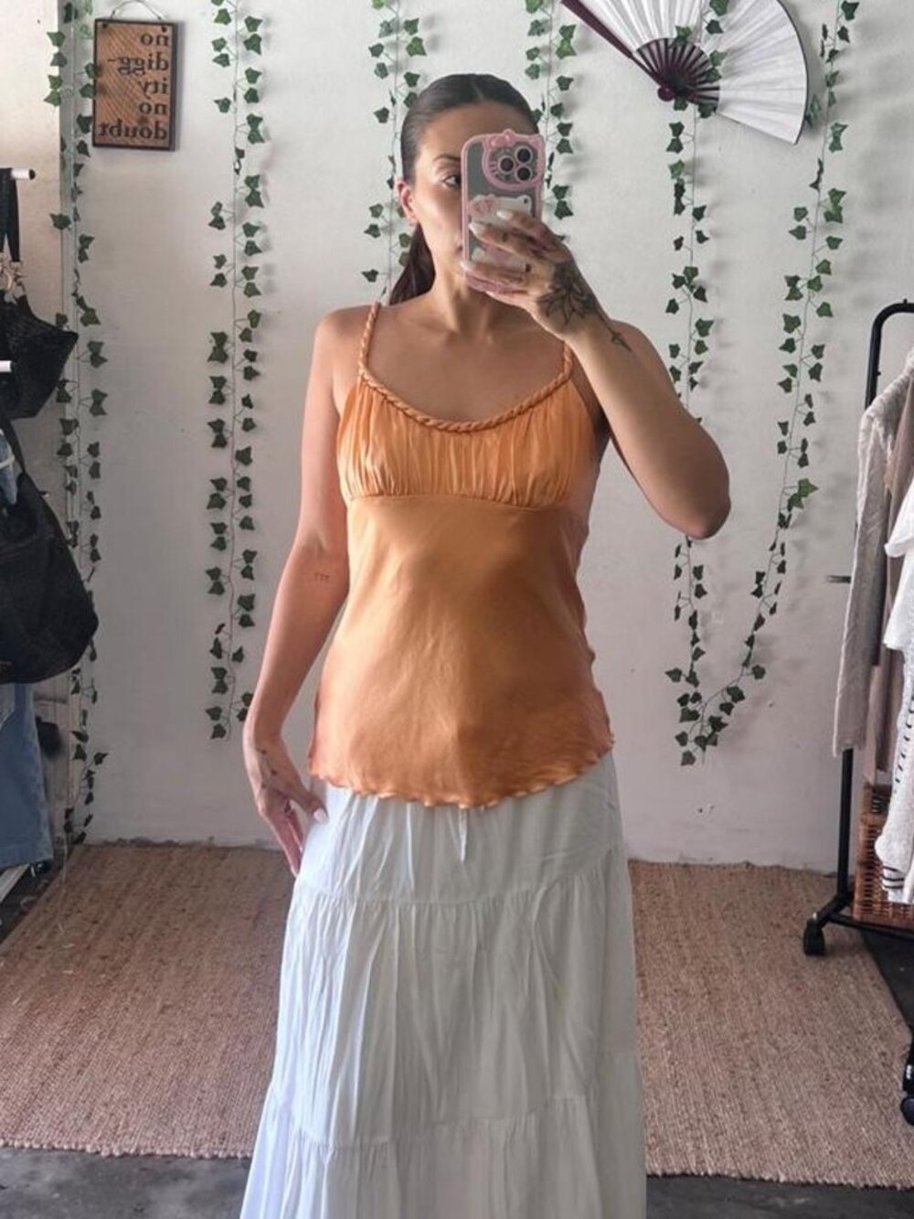 100% silk orange camisole with braided straps and side zipper size M